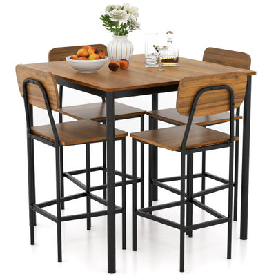 5 Pieces Industrial Dining Table Set with Counter Height Table and 4 Bar Stools-Walnut