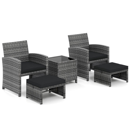 5 Pieces Patio Furniture Set PE Wicker Outdoor Lounge Chairs with 2 Ottomans-Black