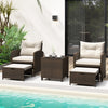 5 Pieces Patio Rattan Furniture with 2 Ottomans and Tempered Glass Coffee Table-Off White