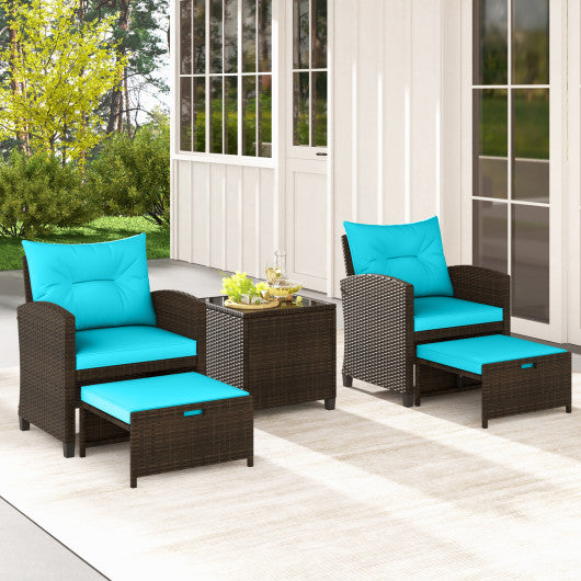 5 Pieces Patio Rattan Furniture with 2 Ottomans and Tempered Glass Coffee Table-Turquoise