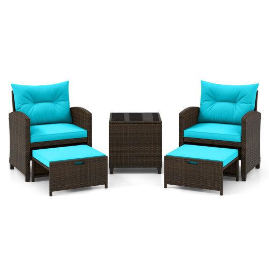 5 Pieces Patio Rattan Furniture with 2 Ottomans and Tempered Glass Coffee Table-Turquoise