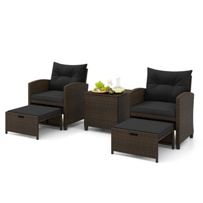 5 Pieces Patio Rattan Furniture with 2 Ottomans and Tempered Glass Coffee Table-Black