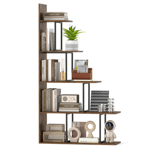 5-Tier 62 Inch Tall Stepped Bookshelf with Heavy Duty Metal Frame-Rustic Brown
