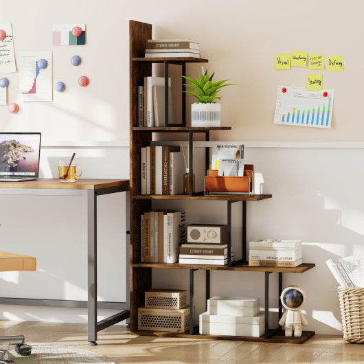 5-Tier 62 Inch Tall Stepped Bookshelf with Heavy Duty Metal Frame-Rustic Brown