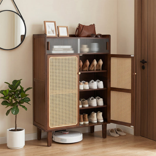 5-Tier Bamboo Shoe Cabinet with Woven Rattan Doors and Sliding Doors for Entryway-Walnut