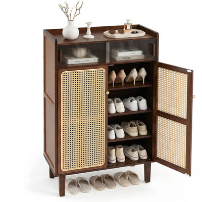 5-Tier Bamboo Shoe Cabinet with Woven Rattan Doors and Sliding Doors for Entryway-Walnut