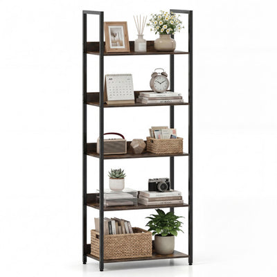 5-Tier Bookshelf Tall Wooden Open Bookcase with Back Panels-Rustic Brown