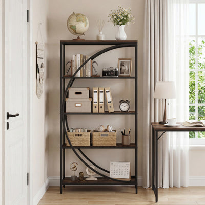 5-Tier Bookshelf with Half-Moon Shape for Living Room and Home Office-Rustic Brown