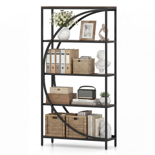 5-Tier Bookshelf with Half-Moon Shape for Living Room and Home Office-Rustic Brown