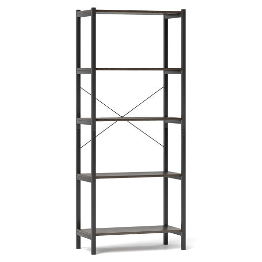 5-Tier Industrial Bookshelf Display Storage Rack with Metal Frame-Gray