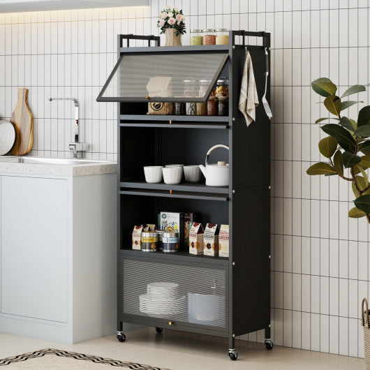 5-Tier Kitchen Storage Cabinet with 4 Flip-up PC Doors Adjustable Feet and Rolling Wheels-Black