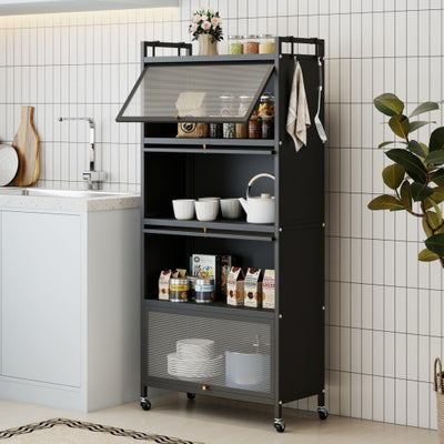 5-Tier Kitchen Storage Cabinet with 4 Flip-up PC Doors Adjustable Feet and Rolling Wheels-Black