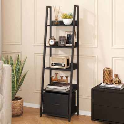 5-Tier Ladder Bookshelf with Fabric Drawer for Living Room and Home Office-Black