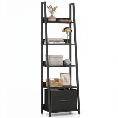 5-Tier Ladder Bookshelf with Fabric Drawer for Living Room and Home Office-Black