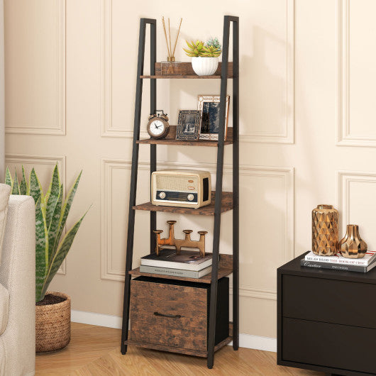 5-Tier Ladder Bookshelf with Fabric Drawer for Living Room and Home Office-Rustic Brown