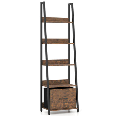 5-Tier Ladder Bookshelf with Fabric Drawer for Living Room and Home Office-Rustic Brown