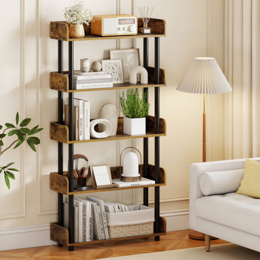 5-Tier Open Bookcase with Industrial Storage Unit-Rustic Brown