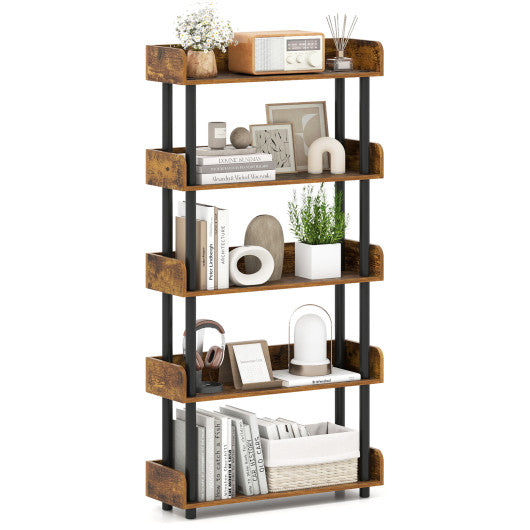 5-Tier Open Bookcase with Industrial Storage Unit-Rustic Brown