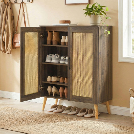 5-Tier Rattan Shoe Cabinet with 3 Removable Shelves-Walnut