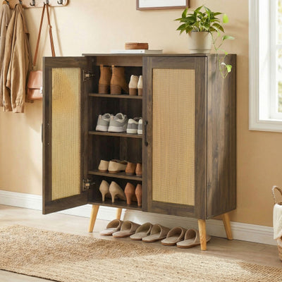 5-Tier Rattan Shoe Cabinet with 3 Removable Shelves-Walnut