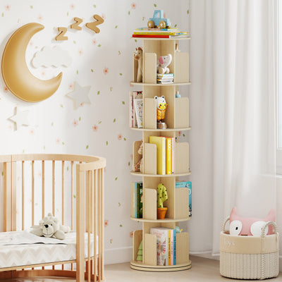 5-Tier Rotating Bookshelf 360° Display Rack with Dividers and Anti-falling Baffles-Natural