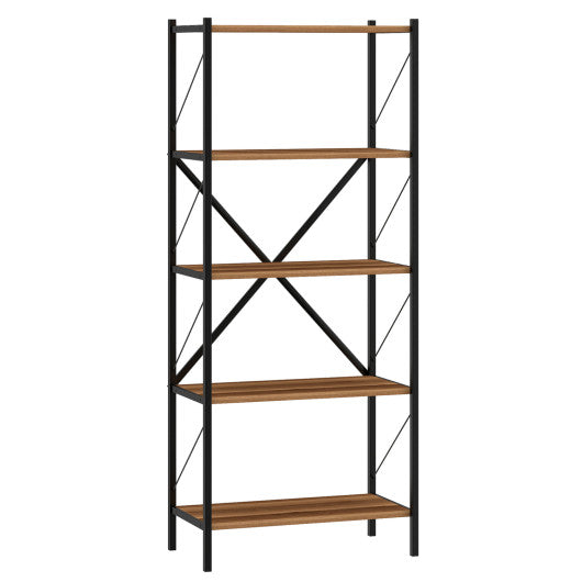 5-Tier Tall Bookshelf Industrial Bookcase with Heavy-Duty Metal Frame Modern Storage-Walnut