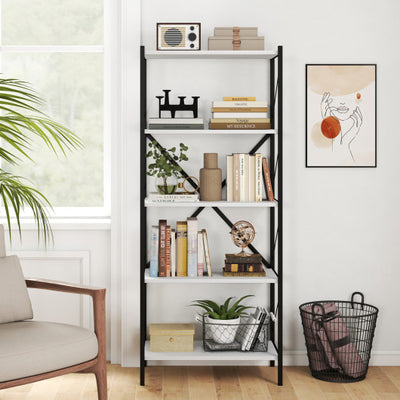 5-Tier Tall Bookshelf Industrial Bookcase with Heavy-Duty Metal Frame Modern Storage-White