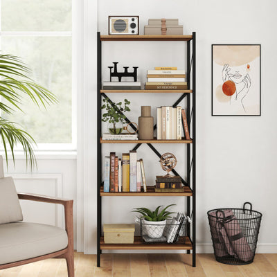 5-Tier Tall Bookshelf Industrial Bookcase with Heavy-Duty Metal Frame Modern Storage-Walnut