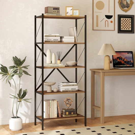 5-Tier Tall Bookshelf Industrial Bookcase with Heavy-Duty Metal Frame Modern Storage-Walnut