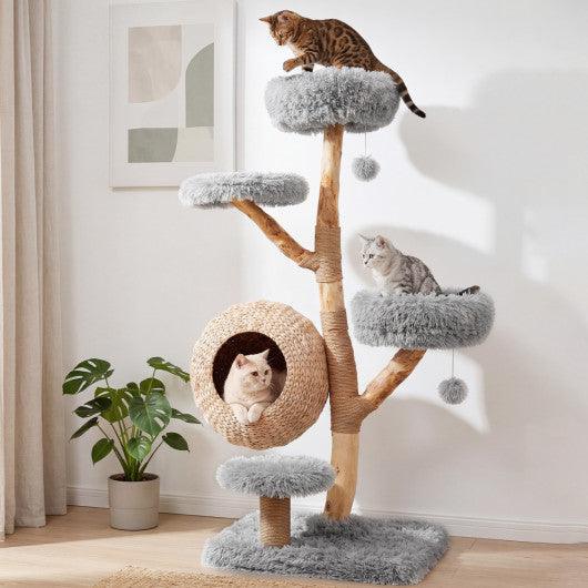 5-Tier Wooden Cat Tree with Woven Condo Plush Perches Jute Posts & Balls-Gray