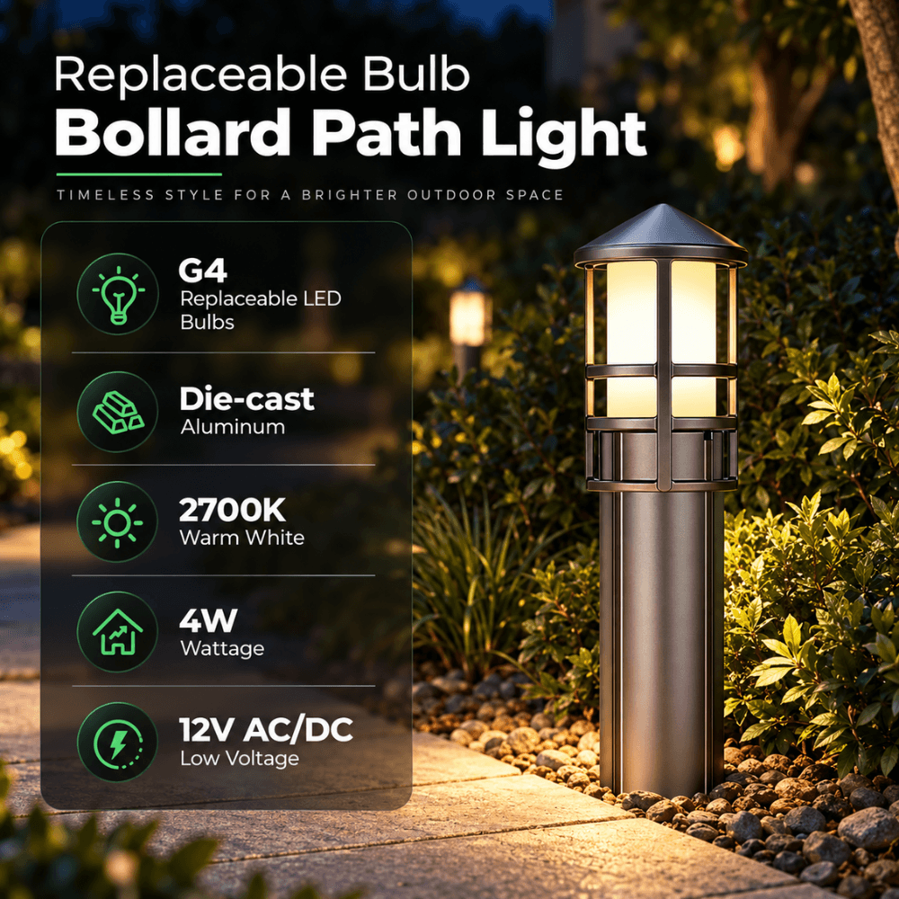 ALP56 4W 12V AC/DC Low Voltage Cast Aluminum LED Bollard Pathway Lights Package – Outdoor Landscape Walkway & Garden Lighting