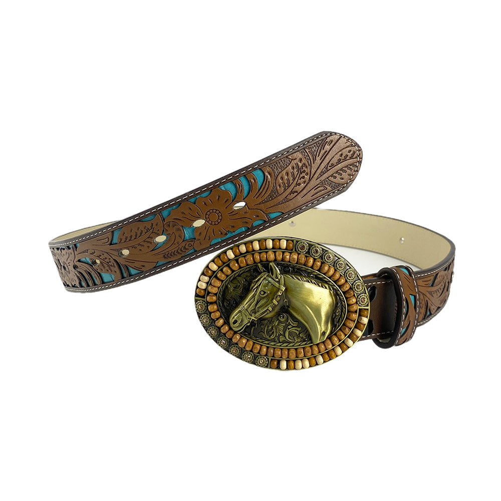 TOPACC Western Turquoise Belts - Oval Wood Beads Horse Belt Buckle