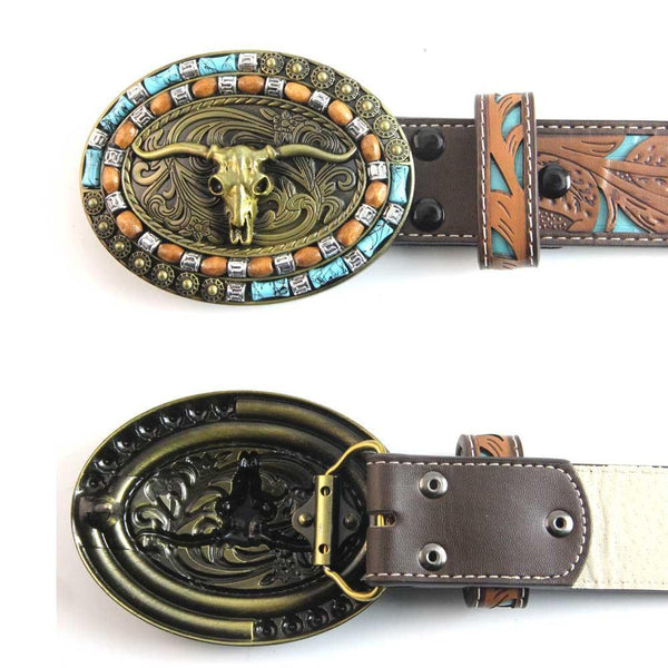 TOPACC Western Turquoise Belts - Turquoise Longhorn Cow Bull Belt Buckle Copper/Bronze - Gifts for You 'n Me
