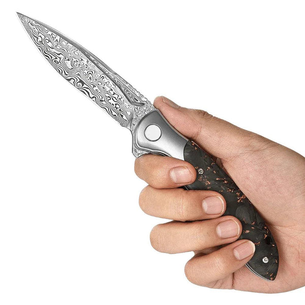Requiem VG10 Ultralight Damascus Folding Pocket Knife with Titanium & Carbon Fiber Handle - Gifts for You 'n Me