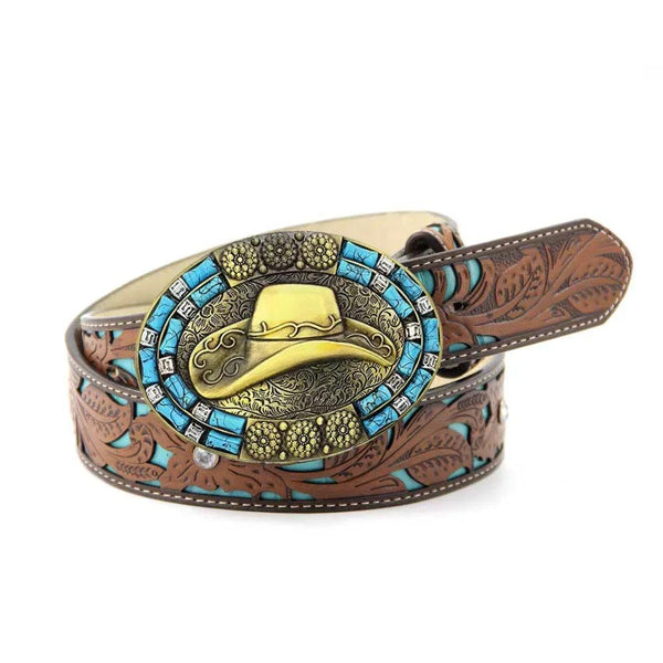 TOPACC Western Turquoise Belts - Cowboy Hat Belt Buckle Copper/Bronze - Gifts for You 'n Me