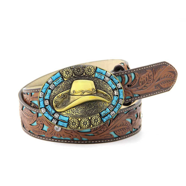 TOPACC Western Turquoise Belts - Cowboy Hat Belt Buckle Copper/Bronze