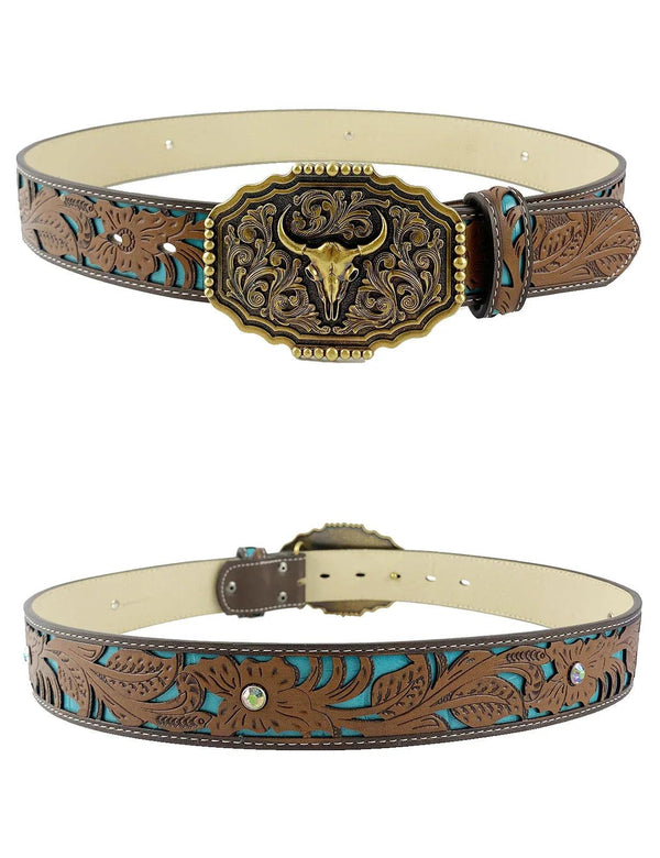 TOPACC Western Turquoise Belts - Copper Longhorn Cow Pattern Belt Buckle - Gifts for You 'n Me
