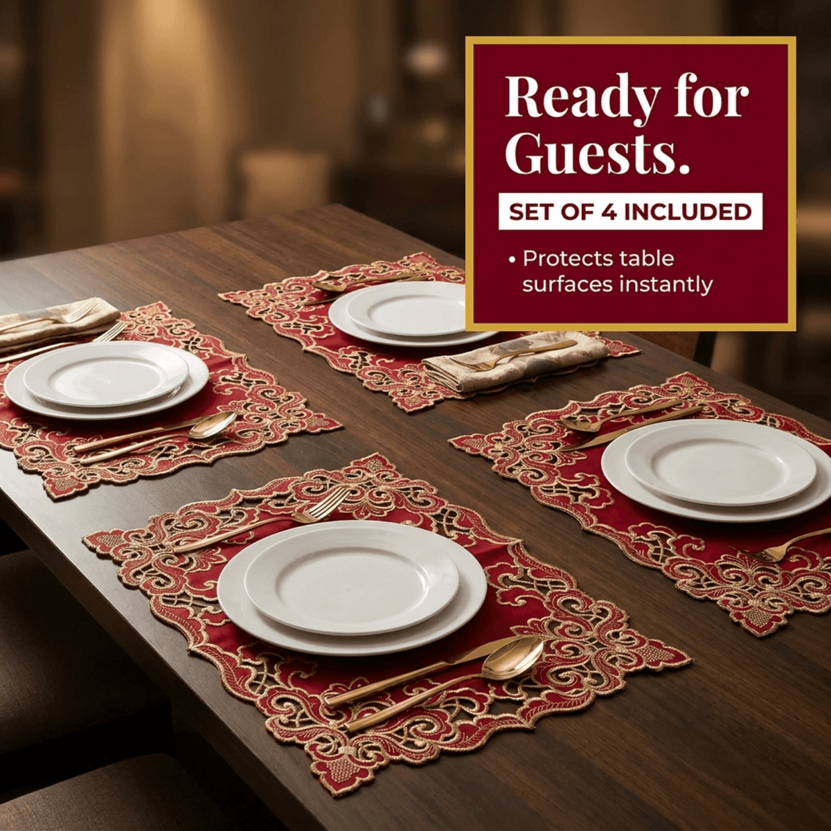 Burgundy Gold Placemats – Crimson Glow, 12x18 Inch