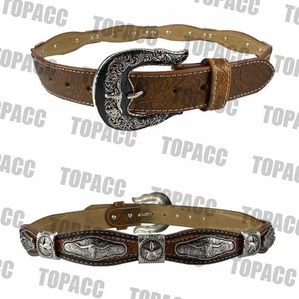 TOPACC Western Super Concho Silver Longhorn Cow Bull Brown Country Belts Genuine Leather - Gifts for You 'n Me