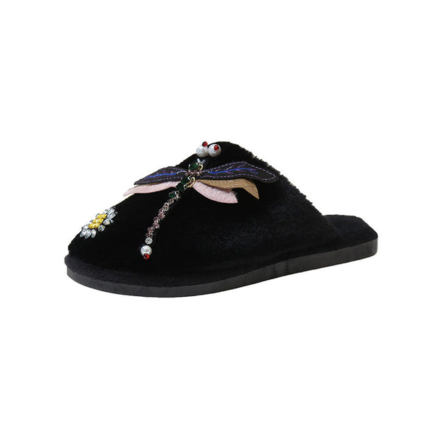 Winter Woman Warm Home Slippers Women Diamond Flip Flops Fur Slides Anti-slip Indoor Slippers Slip On Bedroom Shoes Memory Foam Wool Lining Indoor Ourdoor Non Skid Slippers