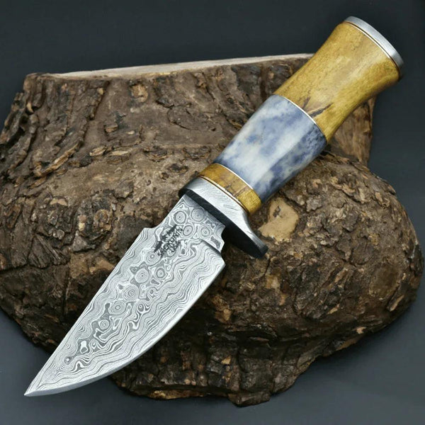 Legion Damascus Hunting Knife with Exotic Yellow Heart & Bone Handle - Gifts for You 'n Me