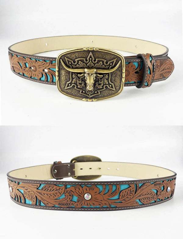 TOPACC Western Turquoise Belts - Pattern Longhorn Cow Belt Buckle Copper/Bronze - Gifts for You 'n Me