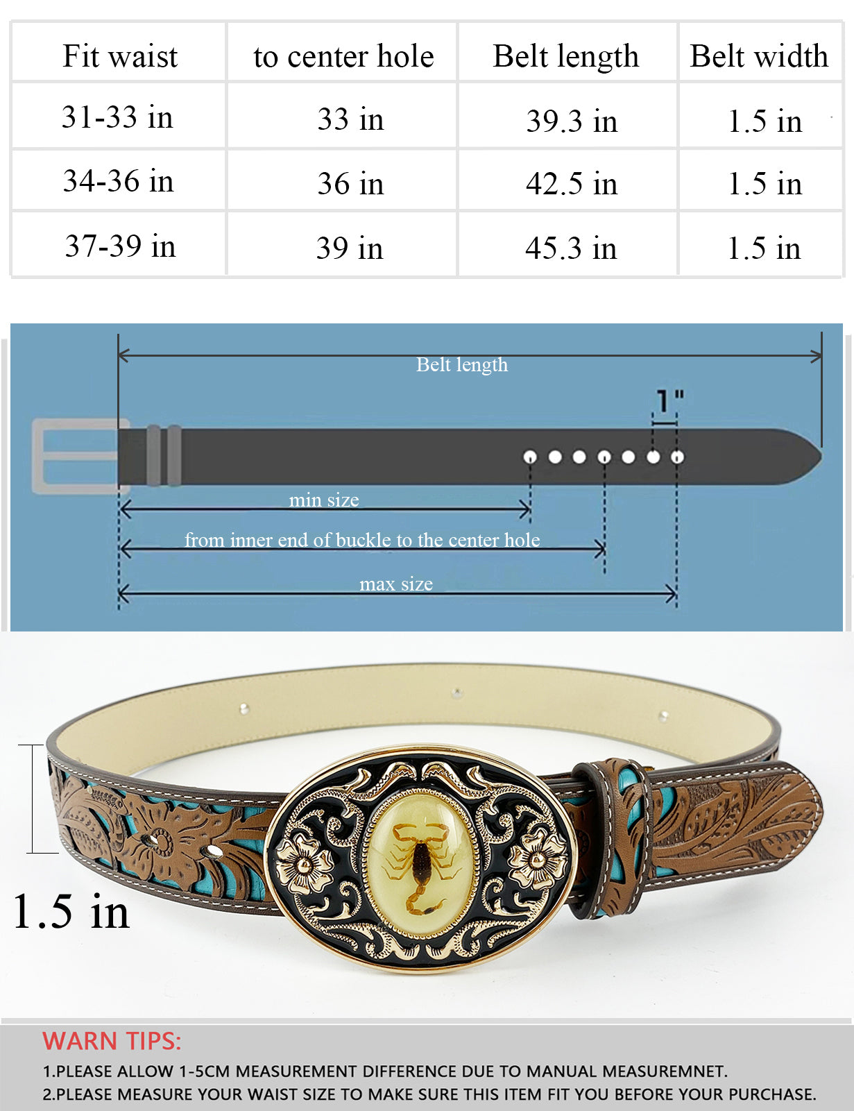 TOPACC Western Turquoise Belts -  Luminous Stone 3D Scorpion Belt Buckle Copper/Bronze