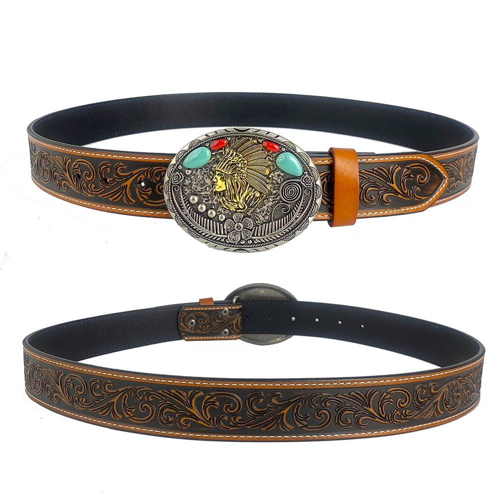 TOPACC Western Genuine Leather Pattern Tooled Belt-Turquoise Indians Belt Buckle