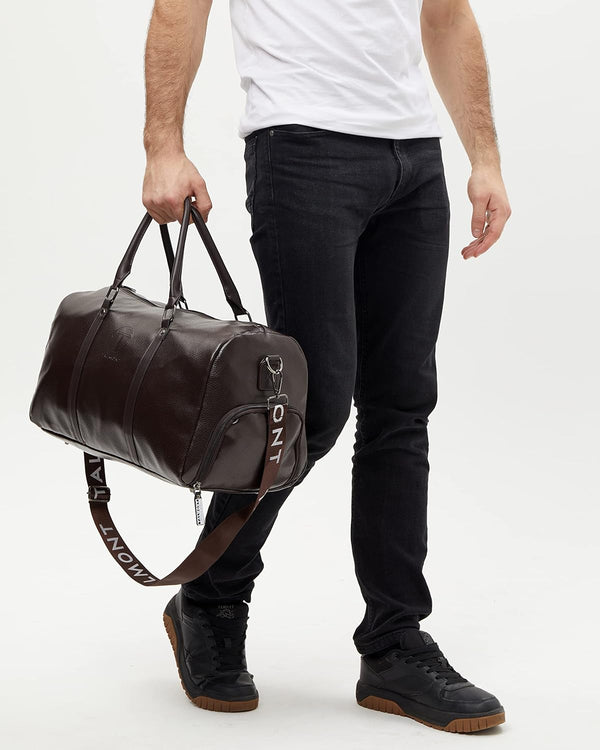 17.7 inch Gym Duffle Leather Bag with Shoe Compartment for Sports Travel - Adjustable Shoulder Strap, Weekender Travel Overnight Bag for Men