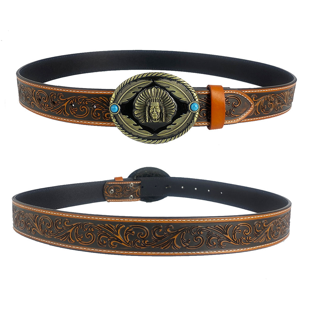 TOPACC Western Genuine Leather Pattern Tooled Belt-Indians Belt Buckle Copper/Bronze