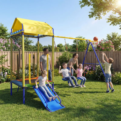 5-in-1 Kids Swing Set for Backyard with Heavy-duty Metal Swing Stand-Yellow