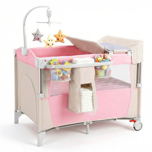 5-in-1 Portable Baby Beside Bassinet with Diaper Changer-Pink