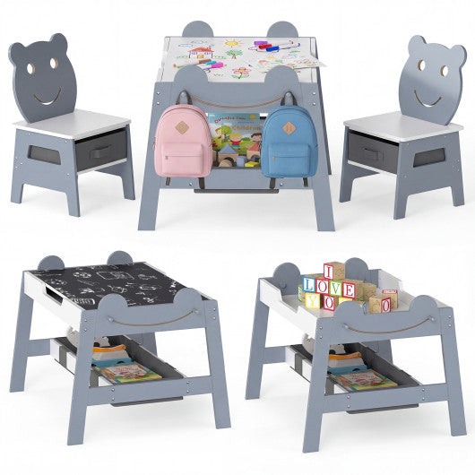 5-in-1 Toddler Table and 2 Chairs Cute Art Desk Set with Reversible Chalkboard Whiteboard-Grey