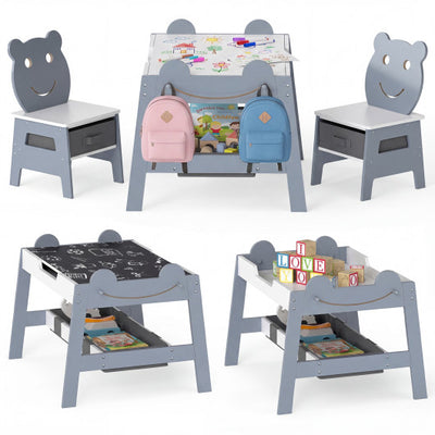 5-in-1 Toddler Table and 2 Chairs Cute Art Desk Set with Reversible Chalkboard Whiteboard-Grey